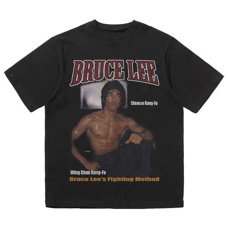 Pure Cotton American Washed Action Star Bruce Lee Short Sleeve T Shirt Unisex Summer Loose Printed Top Trendy_desvips.com