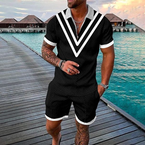 Men's Clothing fashion casual suit 3D printed zipper short sleeve polo shirt shorts 2-piece set_desvips.com
