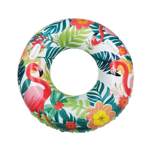 Kids Flamingo Swim Ring - Leaf Print Design With Underarm Float & Cup Holder (Pool Floating Toy For Children Durable PVC Ages 4-12)_desvips.com