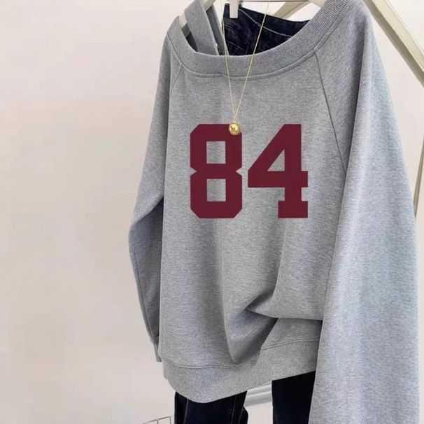 Grey American Off Shoulder Hooded Sweatshirt For Women In Early Spring And Autumn 2024 New Lazy Thin Long Sleeved Top_desvips.com