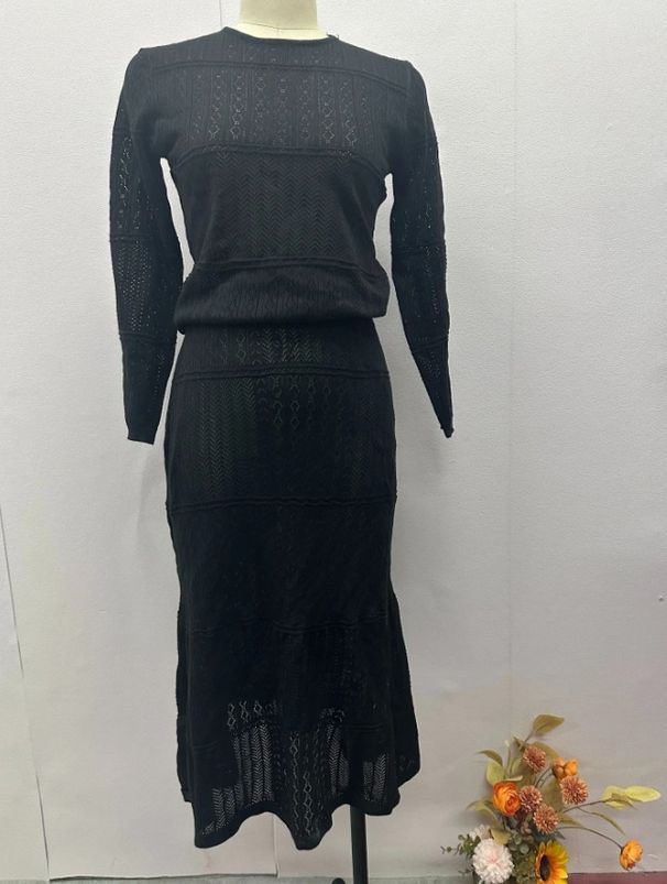Women's Clothing solid color round neck slim fit long sleeve high waist long skirt suit for women_desvips.com