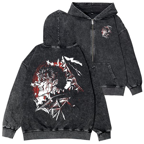 Brand Brave Sword Wind Legend Berserk Men And Women Autumn Loose Retro Washed Old Hooded Zip Sweater Jacket_desvips.com