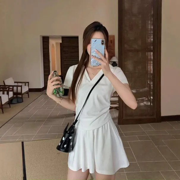 Dongdaemun Korean Style Women's Outfit New Summer Polo Collar Off-Shoulder Slim Top Sleeve Short Skirt Two-Piece Set_desvips.com