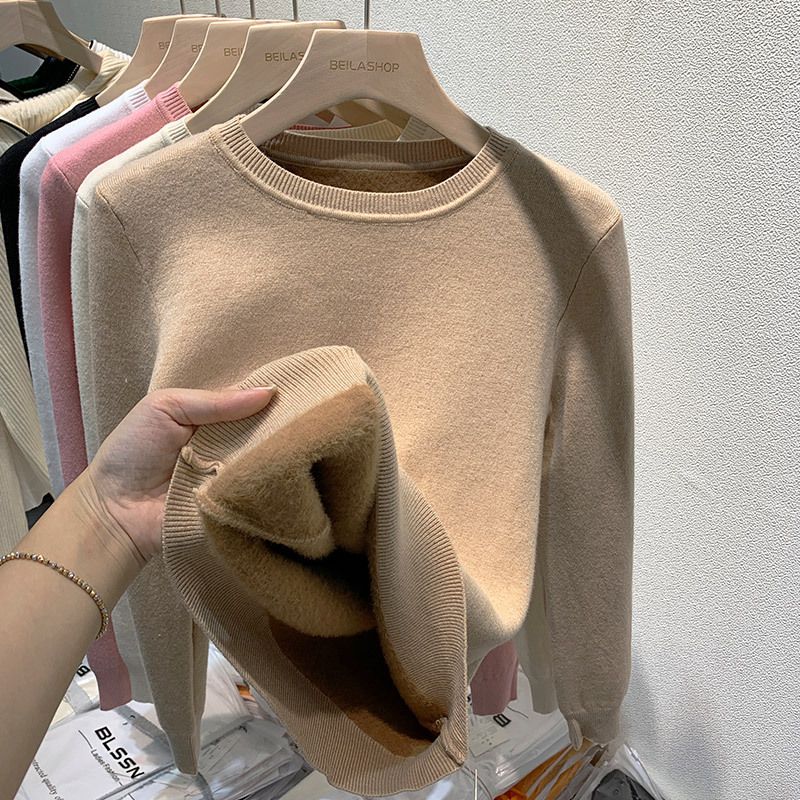Women's Fleece-Lined Knit Sweater Winter Warm Thickened Turtleneck Pullover Casual Solid Color Top_desvips.com