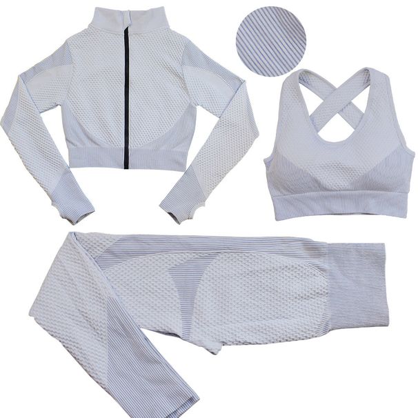 Seamless Zipper Striped Fitness Suit For Women, Autumn Winter Pants, Long Sleeve Sports Bra Three-Piece Yoga Set_desvips.com