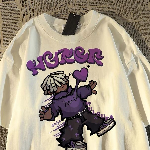 100% Cotton American Hip Hop Cartoon Character Short Sleeve T-Shirt Unisex Loose Couple Top New Style_desvips.com