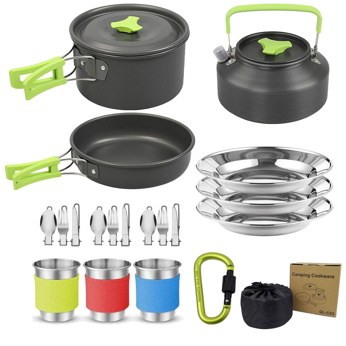Outdoor Products Outdoor Cookware 2-3 People Camping Pot Set Folding Set Pot Teapot Combination_desvips.com