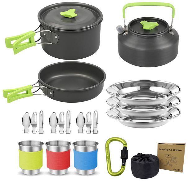 Outdoor Products Outdoor Cookware 2-3 People Camping Pot Set Folding Set Pot Teapot Combination_desvips.com