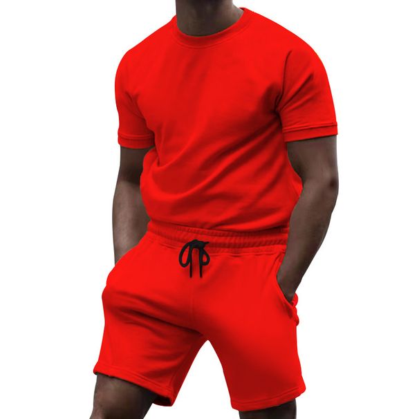 Short Sleeve T-Shirt Set Summer Casual Solid Color Print Two-Piece Sports Suit Trendy Five-Point Pants Men's T_desvips.com