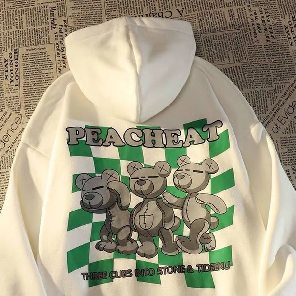 American High Hip Hop Bear Plaid Sweatshirt Unisex Winter Loose Ins Street Style Fleece Super Popular Jacket_desvips.com