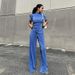 Women's Clothing slim T-shirt high waist blue pleated mopping pants casual _desvips.com