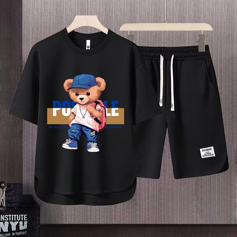 Men's Clothing 2024 Waffle Casual Summer Suit Men's Loose Teen Short sleeved T shirt Shorts Handsome Two piece Suit_desvips.com