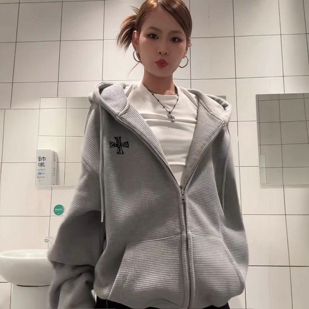 2025 New Popular Waffle Gray Hooded Sweatshirt For Women, Spring And Autumn Loose Fit, High-End Couple's Cardigan Jacket_desvips.com