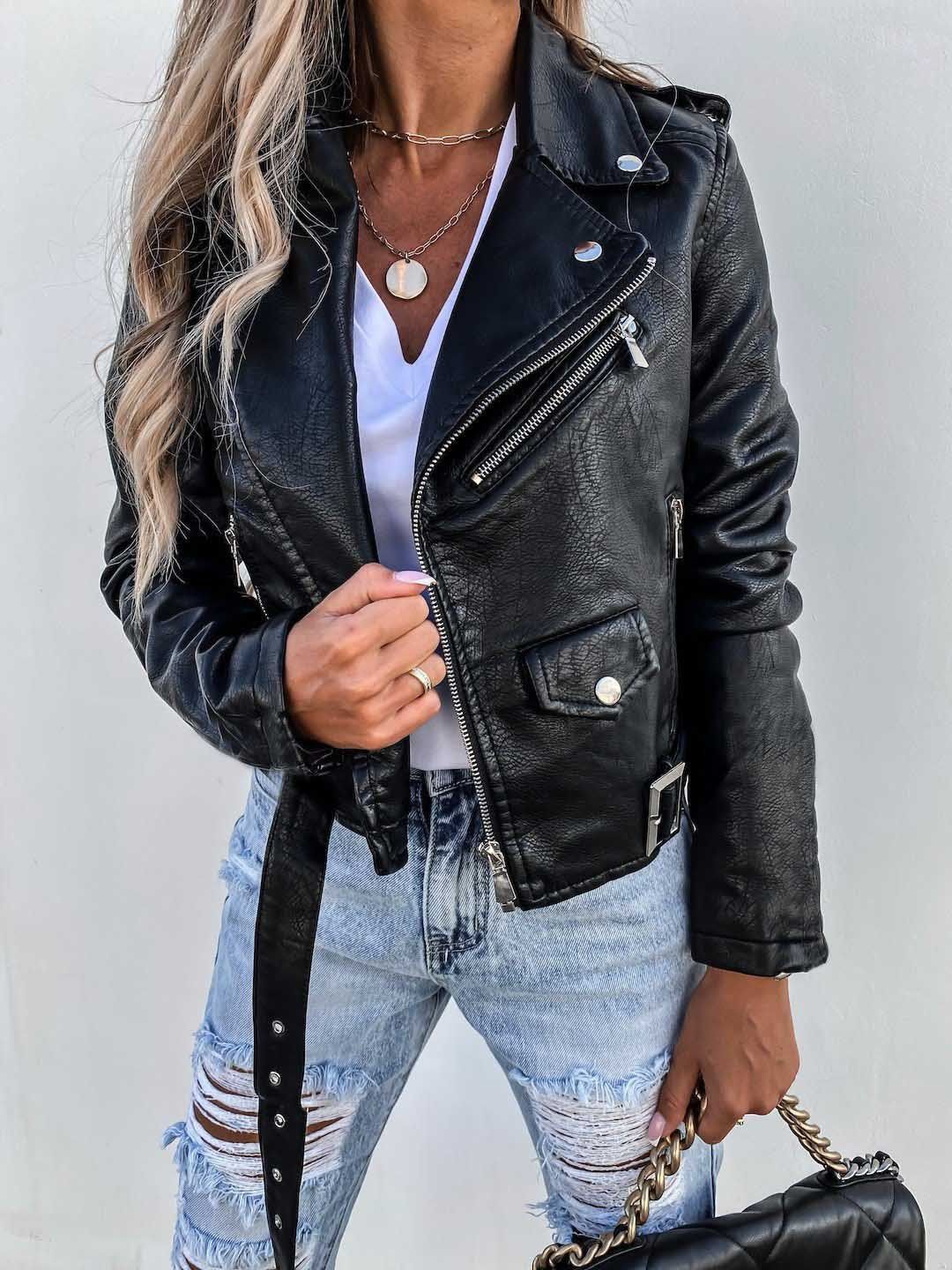 Women's jacket top PU leather jacket motorcycle short zipper_desvips.com