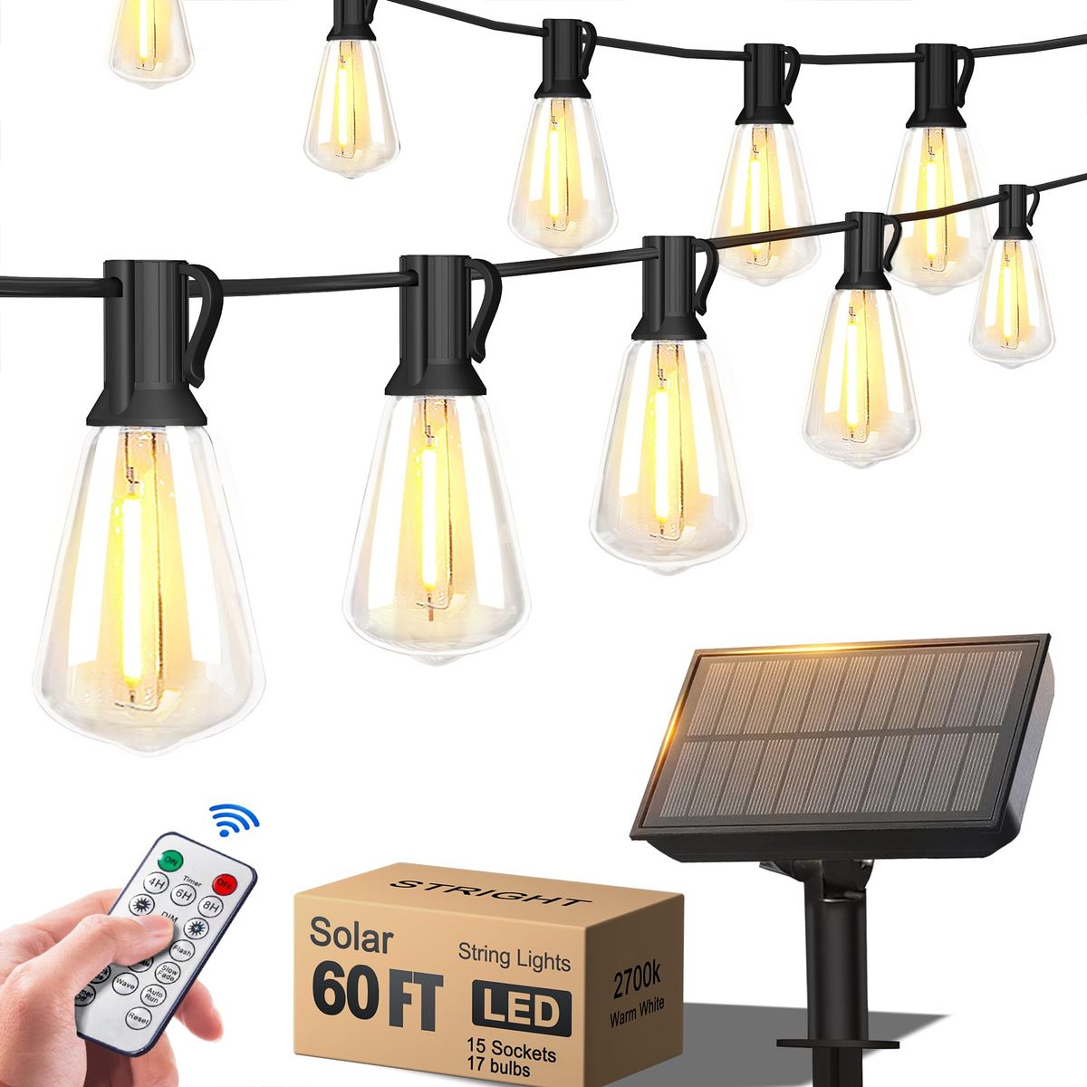 60-foot Straight Solar String Lights With 15 LEDs, Weatherproof For Patio And Holiday Use_desvips.com