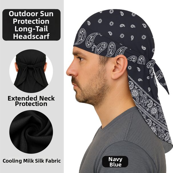 Hip Hop Long Tail Sun Protection Headscarf Hat European American Style Paisley Print With Straps Neck Protector Ice Silk Pirate Hat_desvips.com