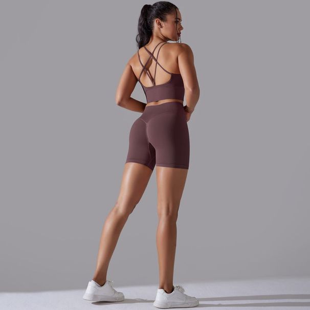 Seamless Knitted Solid Color Beauty Back High Elastic Tight Yoga Running Fiess Suit Two Piece Set For Women_desvips.com