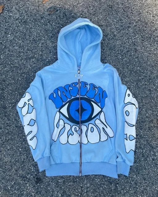 2025 American Style Zipper Hoodie Loose VNSEEN Eye Print Jacket Outerwear Short Hooded Top_desvips.com