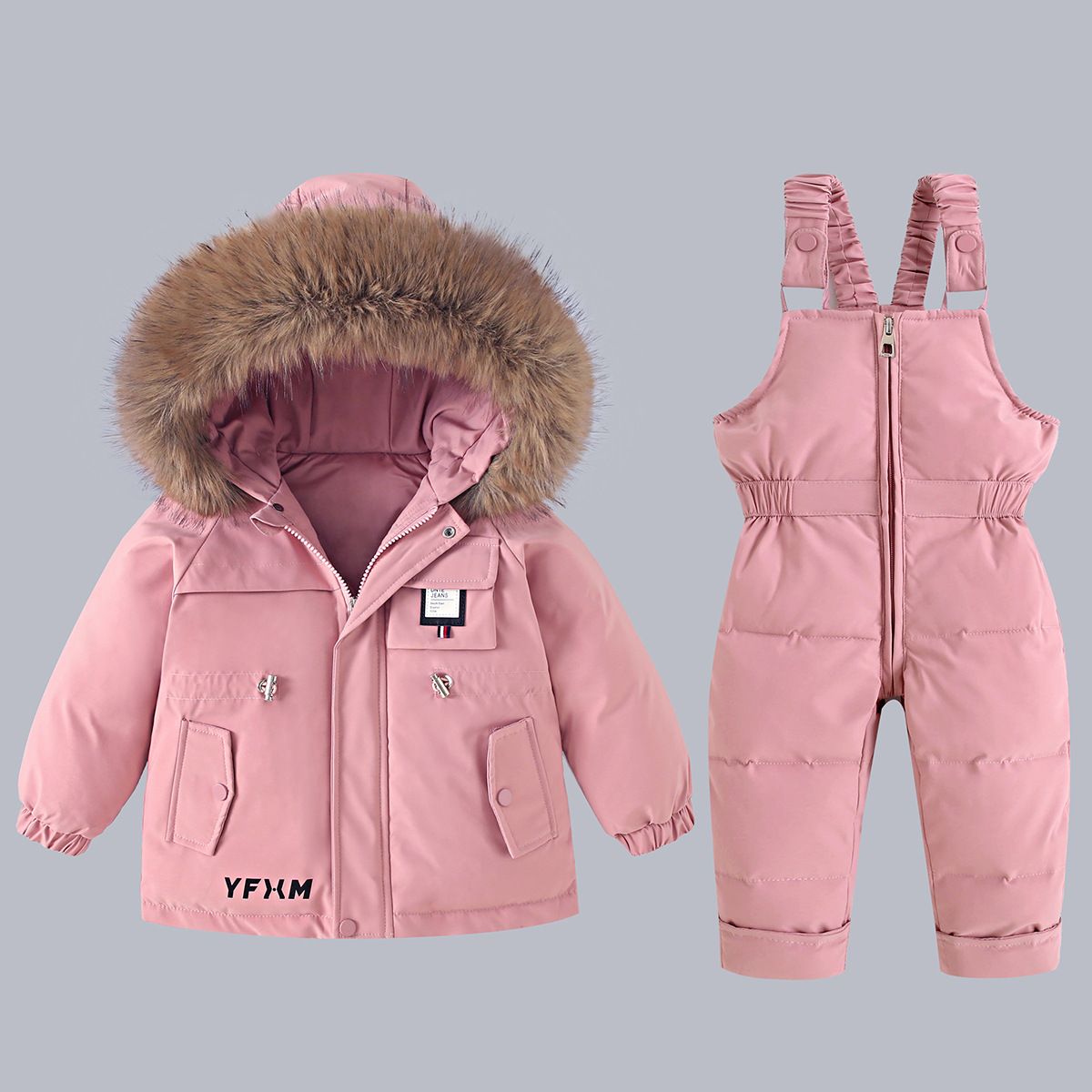 Warm Winter Snowsuit For Toddlers - Insulated Waterproof Ski Outfit With Hood, Two-Piece Set For Girls (80-120cm, Black/Red/Blue/Pink/Beige)_desvips.com