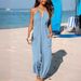 Women's Clothing deep V halterneck sleeveless pleated pocket back tie wide leg cuff long jumpsuit_desvips.com