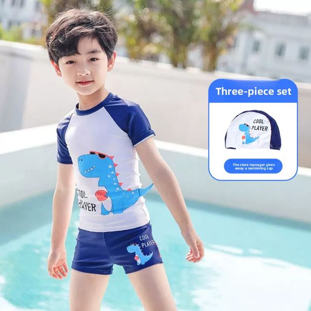 Children's Swimsuit Boys Two-Piece Summer Cartoon Dinosaur Swim Trunks Set Beach Hot Spring Short Sleeve Swimwear_desvips.com