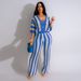 Women's clothing sexy ladies V-neck hollow striped lapel knitted wide pants suit_desvips.com