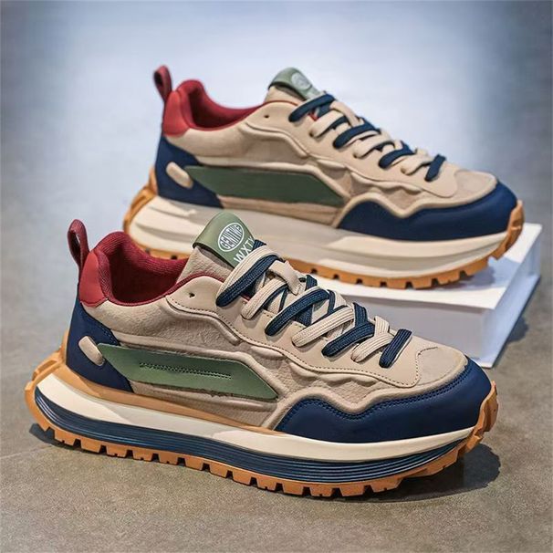 Fashion Sneakers Jogging Shoes Walking Shoes Youth Men Artificial Leather Splicing Low Top Lace-Up Thick Sole Non-Slip Wear-Resistant Running Shoes_desvips.com
