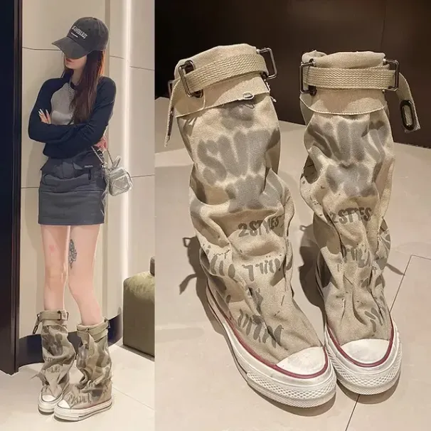Graffiti High Top Canvas Shoes Women's Spring Wide Mid 2024 New Trouser Barrel Stacking Boots 4 03dda_desvips.com