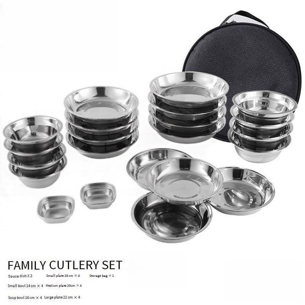 304 Stainless Steel Camping Tableware Set Outdoor BBQ Plates Bowls Cutlery Kit Lightweight Durable Perfect For Picnics Road Trips Backpacking_desvips.com