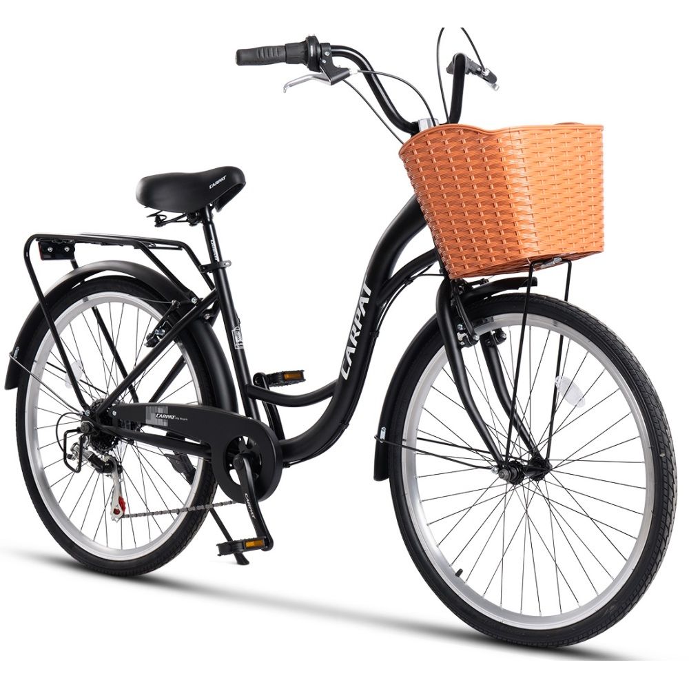 Carpat 26 Zoll City Bike, 7-Gang Shimano Schaltung, V-Brake, Gepäckträger & Frontkorb, Für Erwachsene 150-165 Cm - Schwarz (85% Vormontiert)_desvips.com