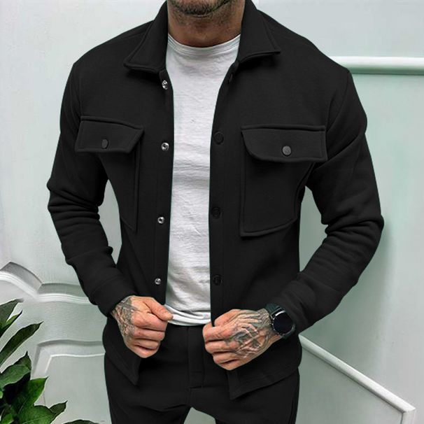 2025 Autumn European And American Men's Fashion Solid Color Button Pocket Long Sleeve Fleece Lined Simple Casual Jacket_desvips.com