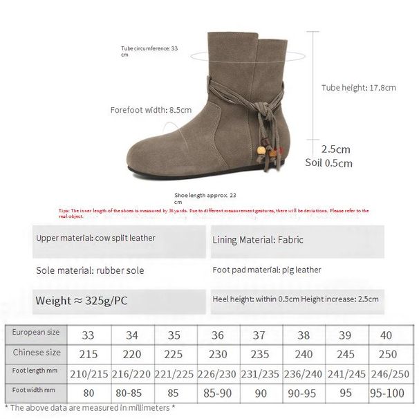Cameido Women Suede Flat Short Round Toe Vintage Western Beaded Tied Fringed Boots For Autumn And Winter_desvips.com