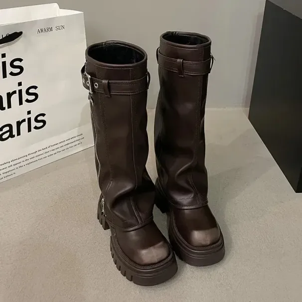 Women Fashion Boots Winter Biker Belt Buckle Ladies Elegant Platform Long Pipe Casual Womens Knee High Booties 2_desvips.com
