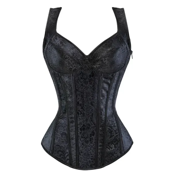 Sexy Women With Straps Black Overbust Plus Size Floral Jacquard Corsets Zipper Top Gothic Steampunk Corset Bustier_desvips.com