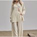 Women's Clothing long sleeved temperament commuter skin color linen solid color slit long shirt and wide leg pants set_desvips.com