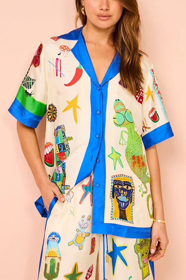Women's Clothing graffiti print satin short-sleeved lapel shirt + trousers casual two-piece suit_desvips.com