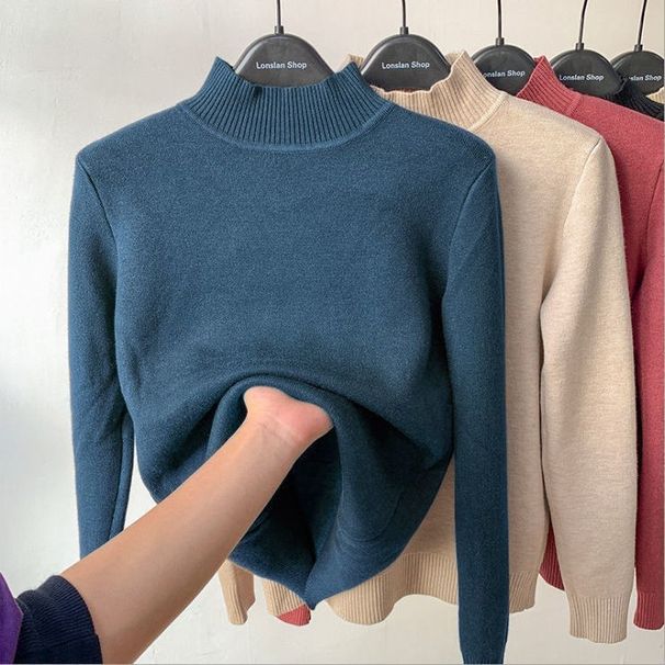 Women's Fleece-Lined High Neck Sweater - Warm Winter Knit Pullover With Soft Thermal Fabric, Cozy Casual Turtleneck Top For Cold Weather_desvips.com