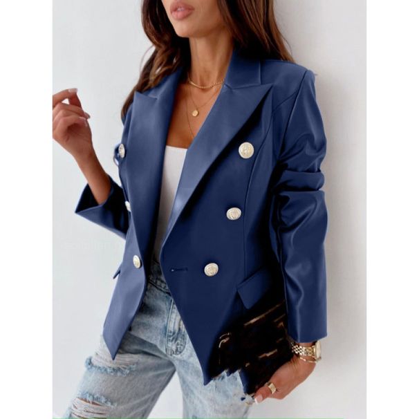 Women's Clothing new style long sleeved double breasted fashionable PU leather suit small jacket_desvips.com