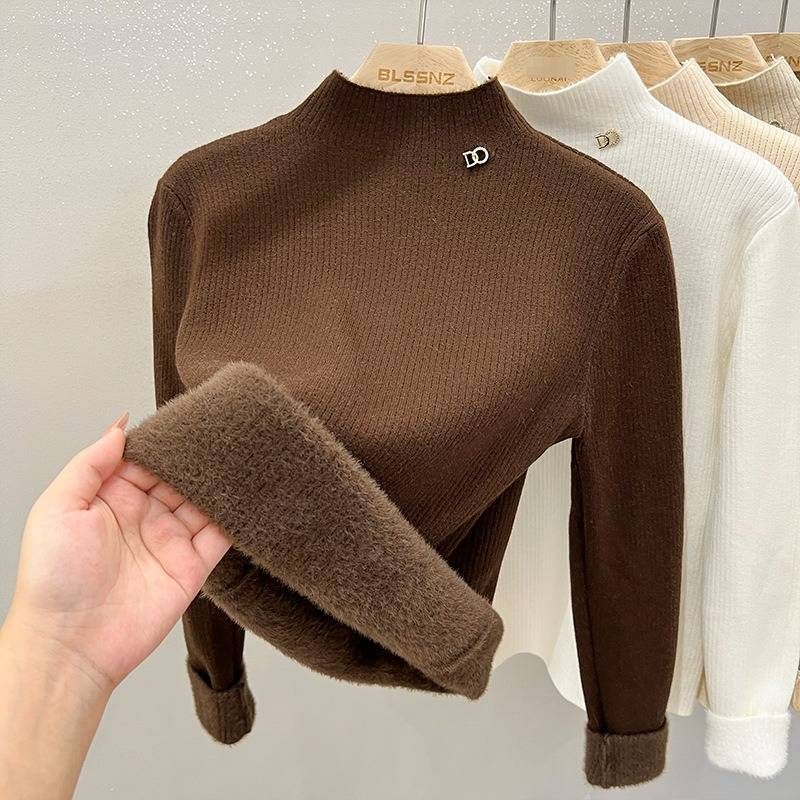 Women's Fleece-Lined High-Neck Knit Sweater - Soft Warm Winter Turtleneck Pullover, Slim Fit Thermal Top For Casual & Office Wear_desvips.com