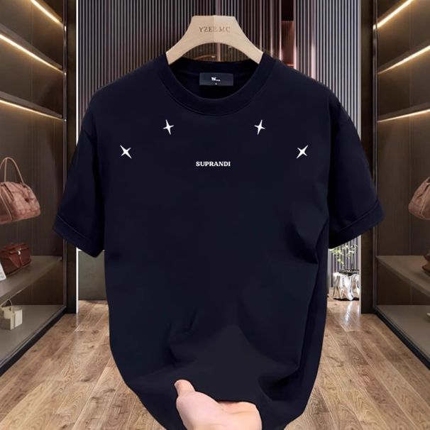 Fashion Minimalist Crew Neck Short Sleeve Tee For Men Women, Premium Cotton Star Embroidery Letter Printed Casual T-Shirt, Comfort Maglietta Da Uomo _desvips.com