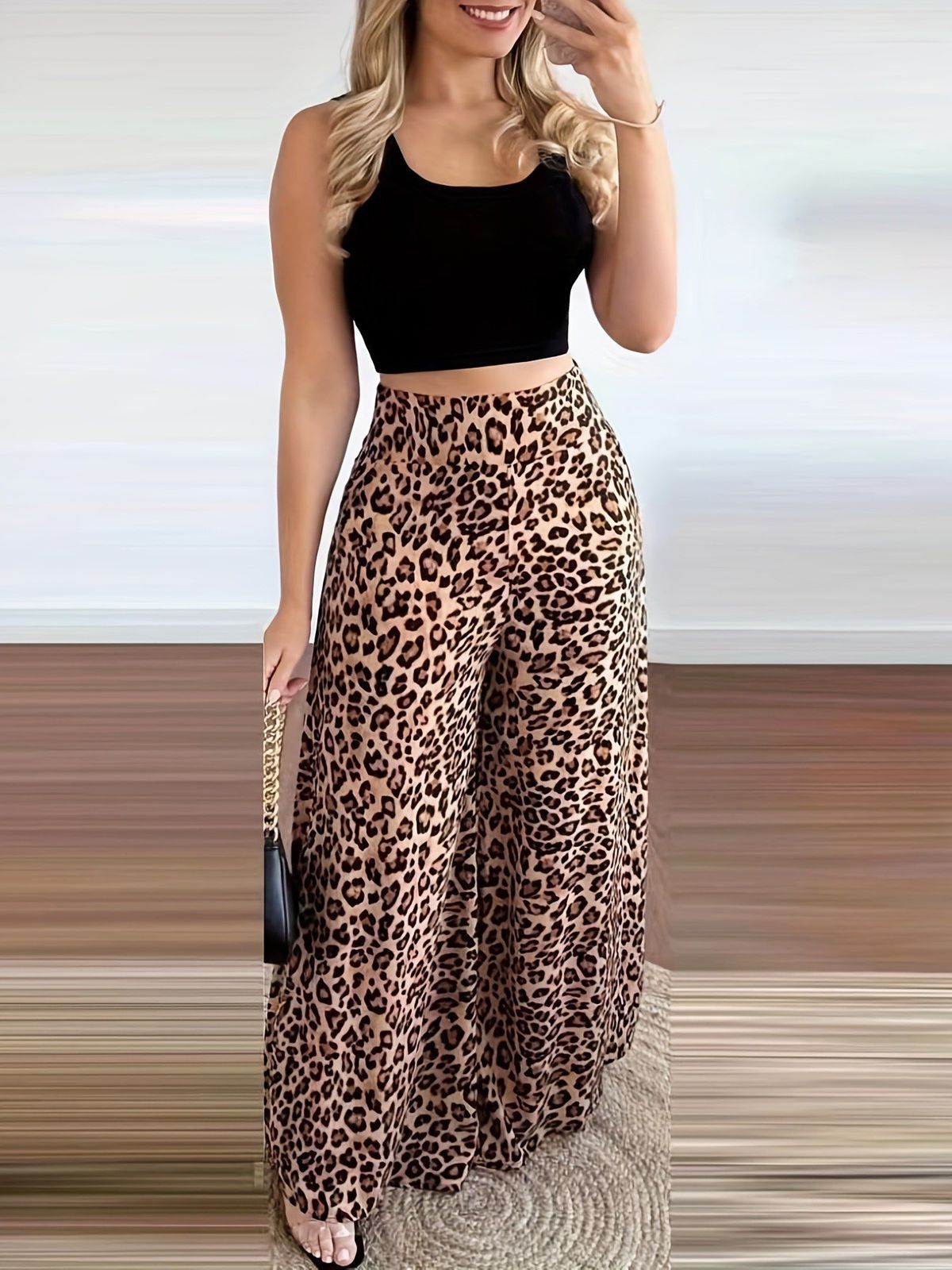 Women's Clothing Elegant print belted tank top leopard print high-waisted wide-leg pant suit_desvips.com
