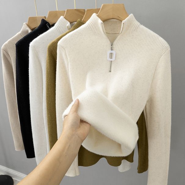 Women's Fleece-Lined Half-Zip Thick Knit Sweater - Soft Semi-Turtleneck Pullover For Winter & Fall (White, Black, Beige, Khaki, One Size)_desvips.com