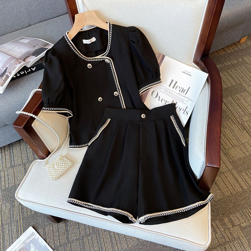 women's clothing fat mm Xiaoxiang style casual shorts contrast color tops slim temperament two-piece suit_desvips.com