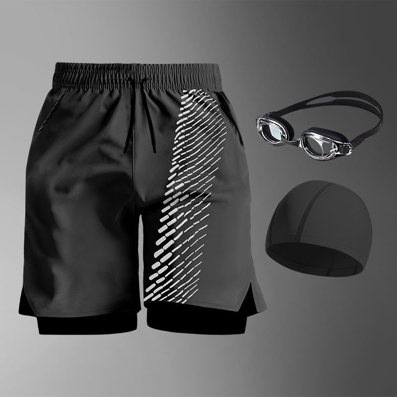Trunks Set Anti-Embarrassment Double Layer Five-Point Inner Lining Loose Quick-Dry Beach Gear Men's Swimwear Swim Cap_desvips.com