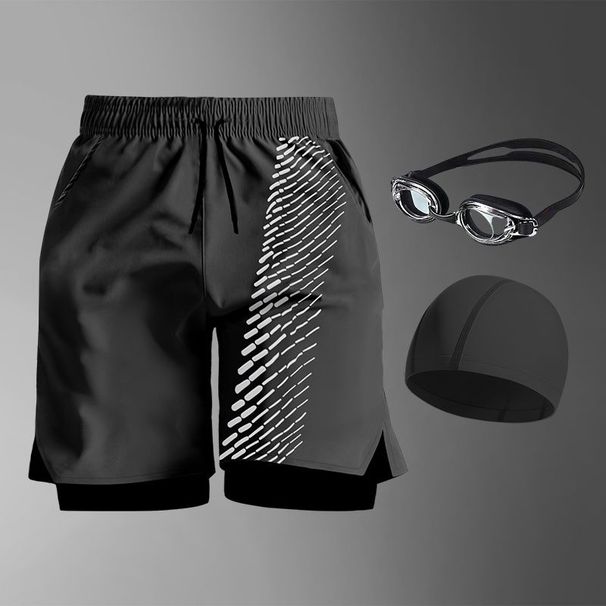 Trunks Set Anti-Embarrassment Double Layer Five-Point Inner Lining Loose Quick-Dry Beach Gear Men's Swimwear Swim Cap_desvips.com