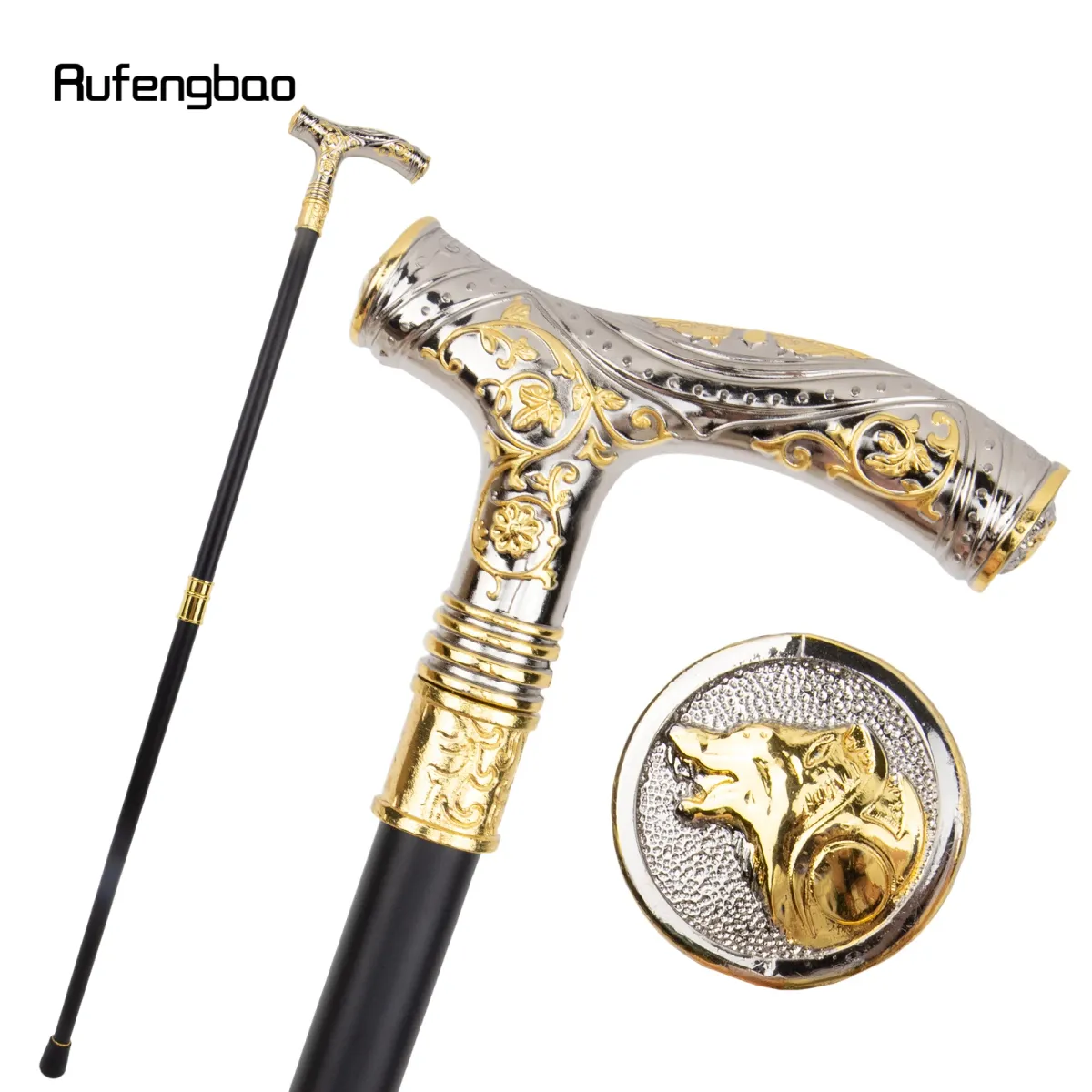 Golden White Wolf Head Flower Totem Relief Walking Cane Fashion Walking Stick Gentleman Crosier Knob Walking Stick 93cm_desvips.com