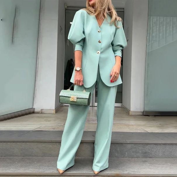Women's fashion solid color lantern sleeve loose suit temperament commuting suit_desvips.com