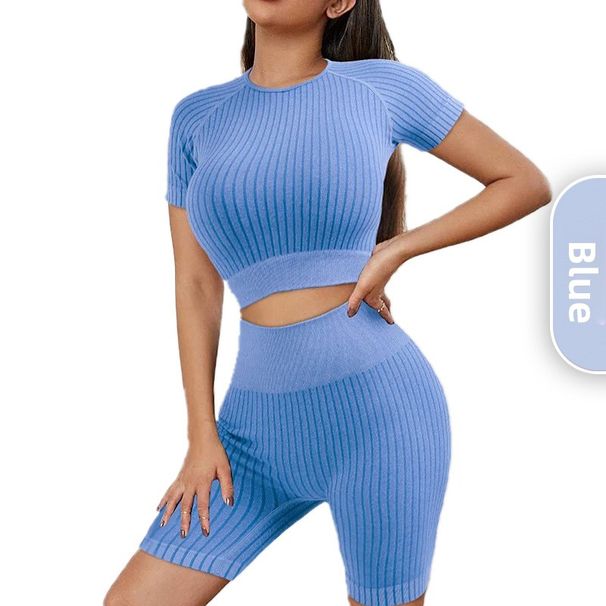 Striped Quick-Dry Outfit Set For Women, Sports Short Sleeve, High Waist, Hip-Lifting Yoga Shorts, Plus Size Fitness_desvips.com
