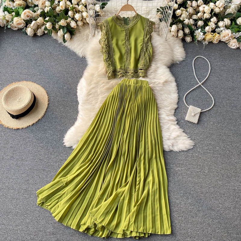 Women's fashion high-waisted lean pressed chiffon skirt two-piece set_desvips.com