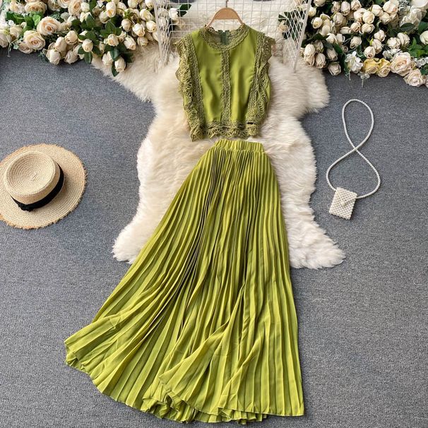 Women's fashion high-waisted lean pressed chiffon skirt two-piece set_desvips.com